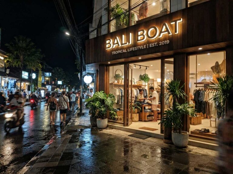 Pemasangan huruf timbul led akrilik menyala terang dan presisi pada fasad toko di Seminyak Bali saat malam hari.