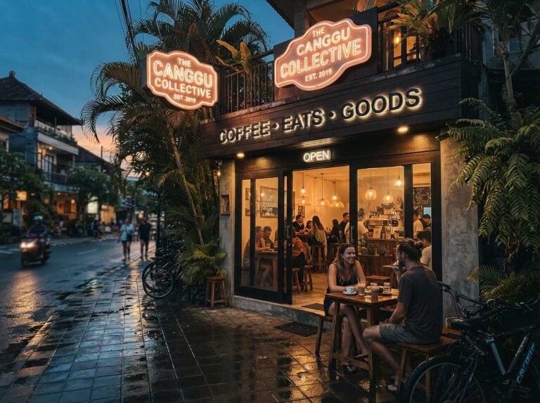 Tampilan reklame untuk restoran dan cafe yang estetik dan menyala hangat saat malam hari di Bali.
