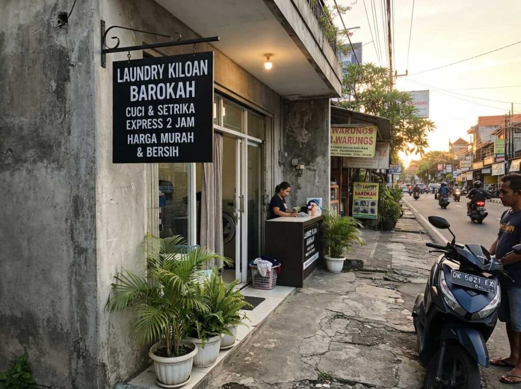 Gerai UMKM lokal yang menerapkan cara branding usaha dengan budget kecil menggunakan papan nama minimalis gantung.