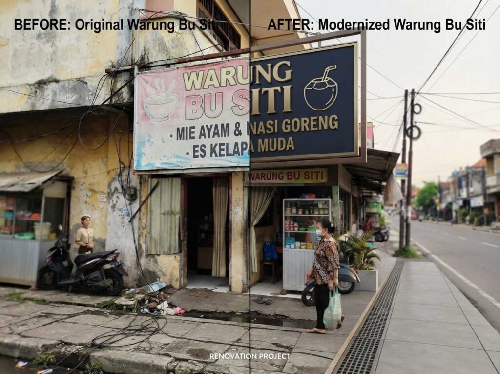 Penanda komersial luar ruang ruko yang mengalami pudar warna akibat kesalahan umum dalam membuat papan nama toko.